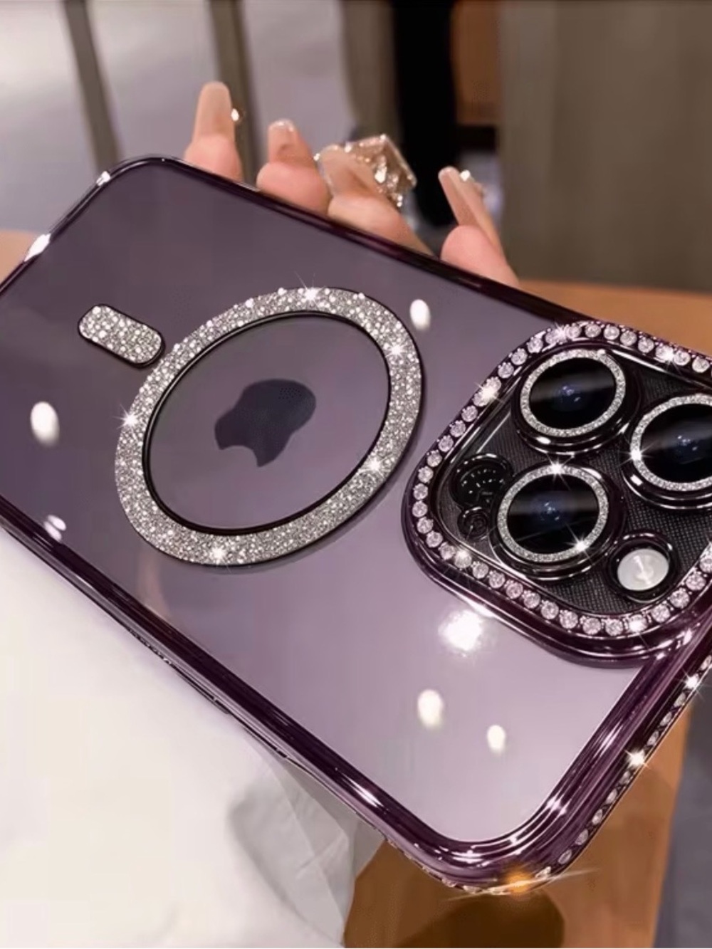 Sparkling Purple Rhinestone iPhone Case with Decorative Camera Ring
